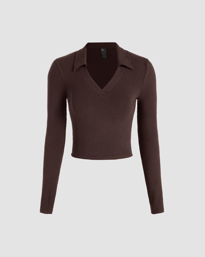 Crater Brown V-Neck Full Sleeve Collar Top