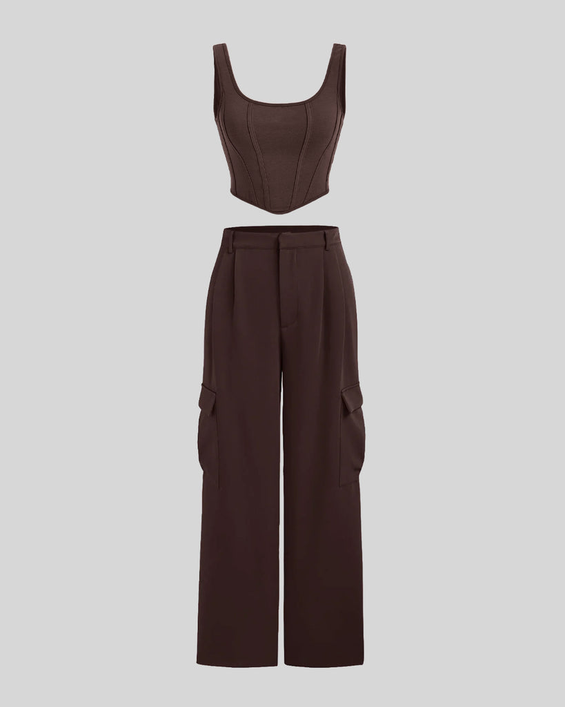 Pocket Trouser With Corset Top in Brown