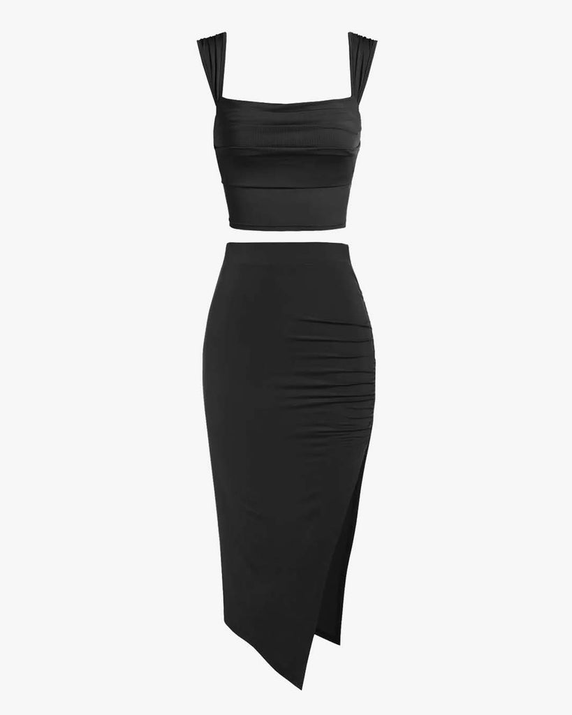 Crop Top With High Waisted Side Split Skirt In Black