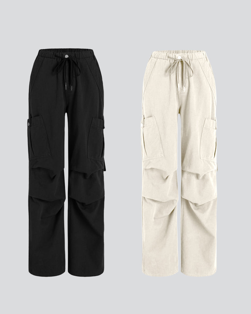 Combo : Utility Wear Drawstring Cargo Pants In Black & Antique White