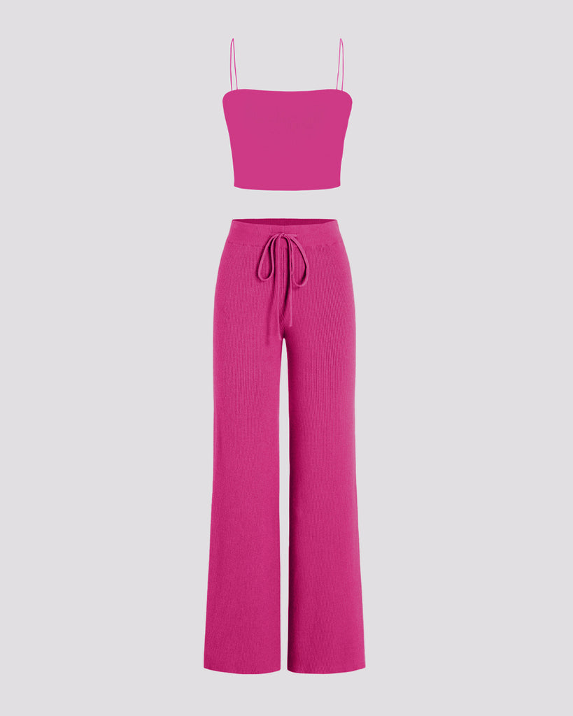 Pink ribbed crop top with trouser