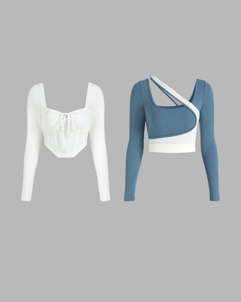 Corset Style Full Sleeve White Top with Tassle and Two tone Asymmetric Crop Top Combo