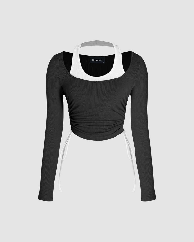 Black and White Scoop Neck Line Long Sleeve Crop Top