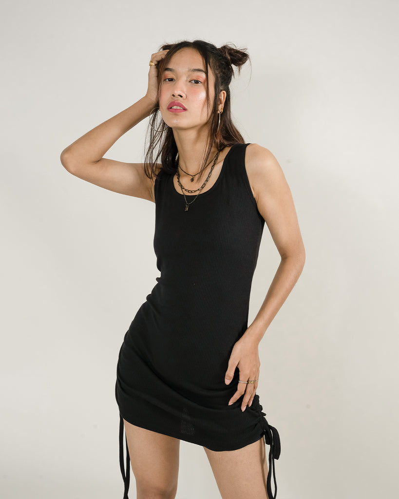 Black Sleeveless Drawstring Side Ruched Bodycon Dress