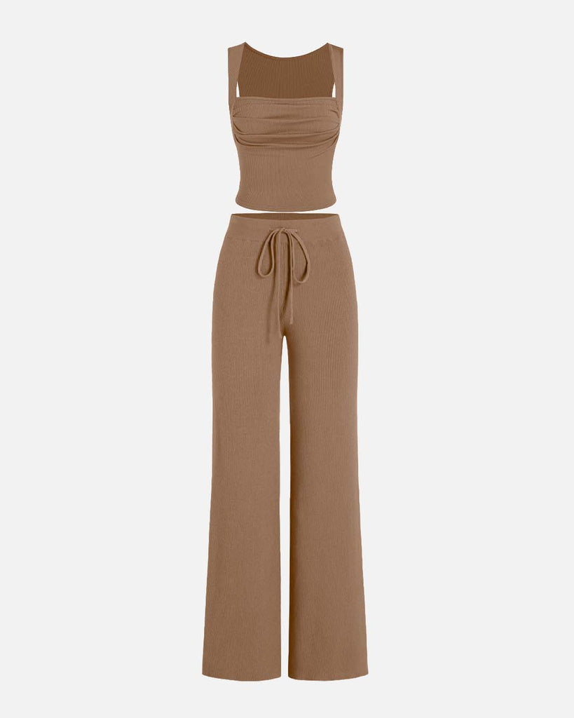 Square neck crop top  with trousers in Light Brown