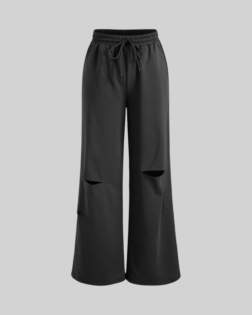 Solid Ripped Wide Leg Pant in Black