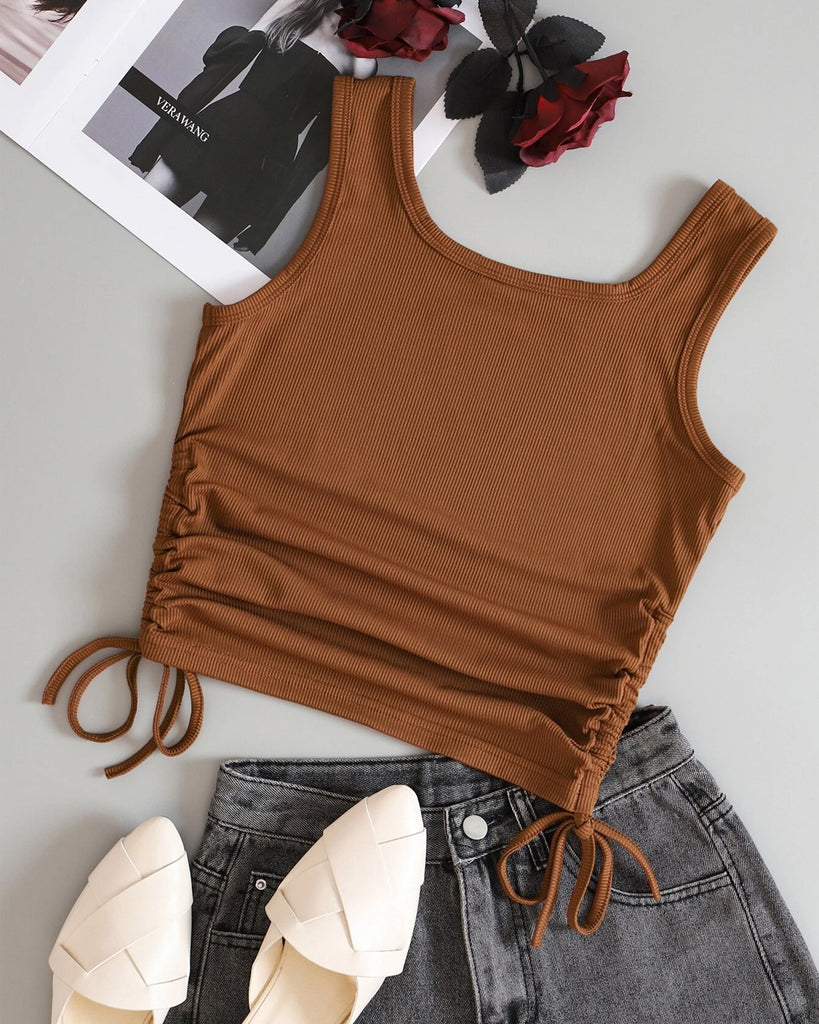 Drawstring Side Ribbed Knit Chocloate Brown Tank Top and Black Jeans