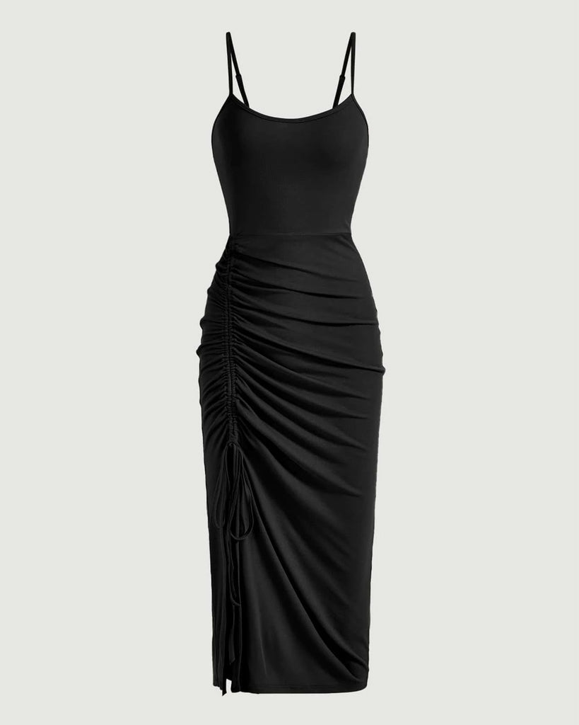 Black Ruched Drawstring Bodycon Dress 