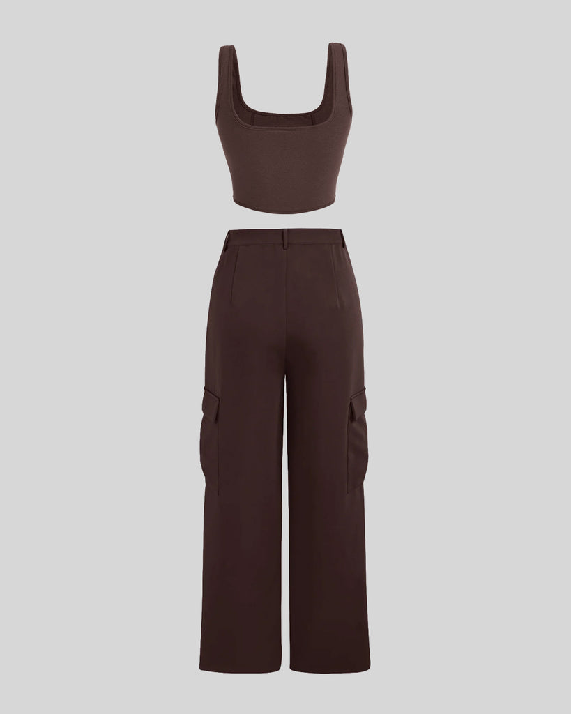 Back view of Multi-Pocket Trouser With Corset Top in Brown