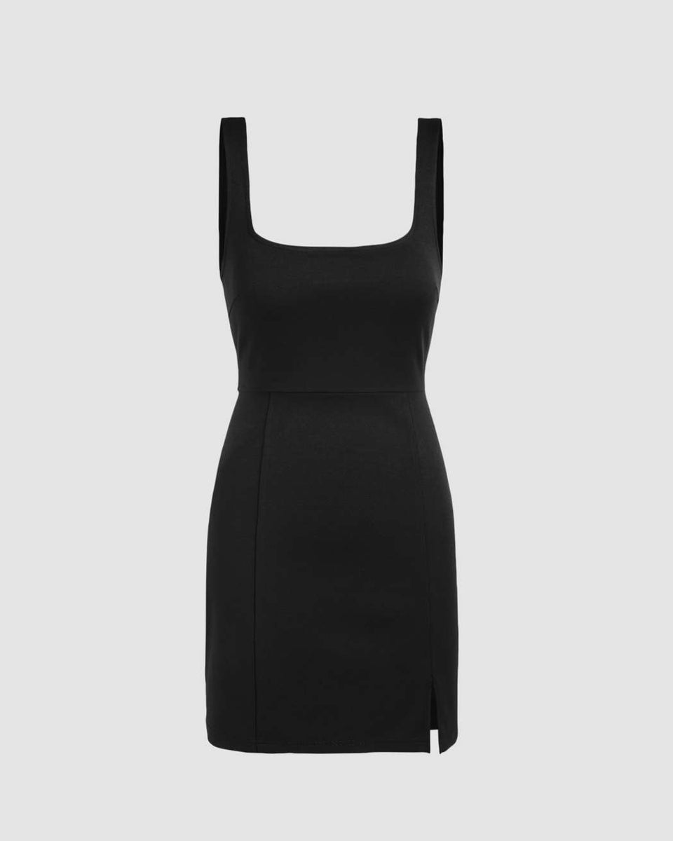 Side Slit Sleeveless Slim Fit Black Short Dress – Littlebox India