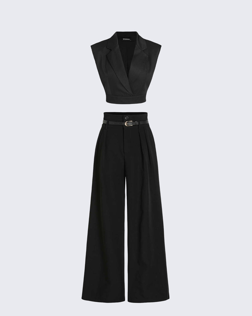 A pair of black outfit with a sleeveless top and wide leg pants.