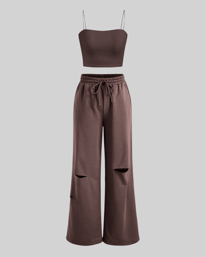 wide leg trouser and tops in chocolate brown