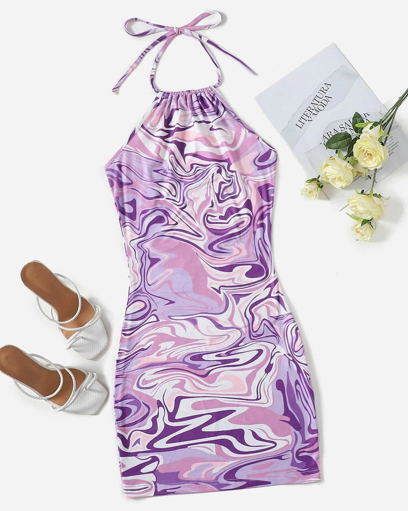 Lavender Marble Print Halter Dress