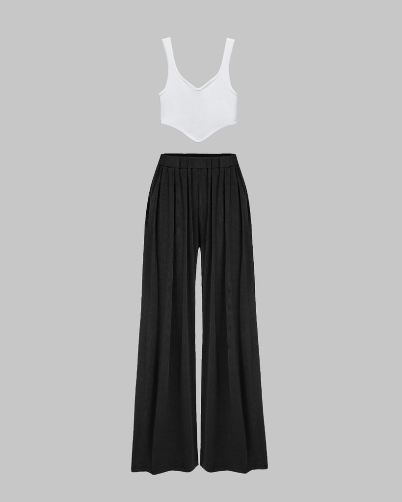 Set of white cropped top and high waist wide leg baggy long pant in black