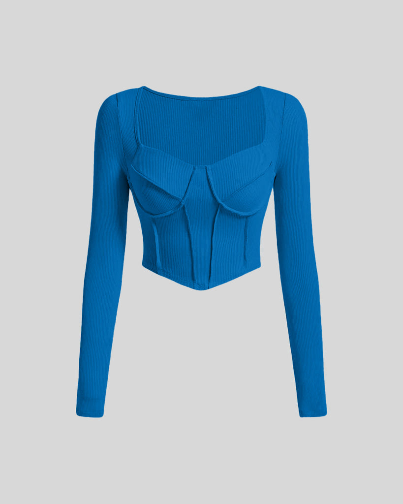 Electric Blue Corset Style Long Sleeve Ribbed Top