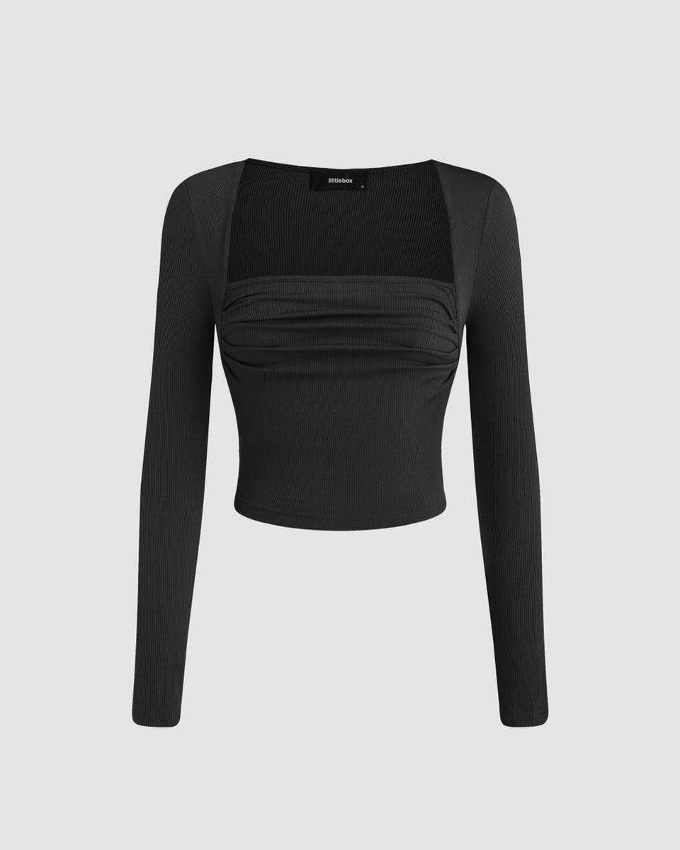 Square Neck Ruched Long Sleeve Top In Black – Littlebox India