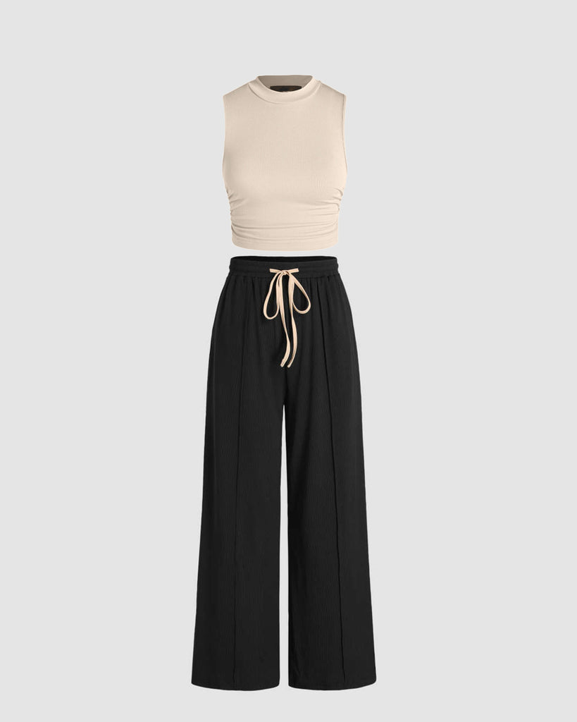 Set of Tank Top and Elastic Waist Trousers in Black