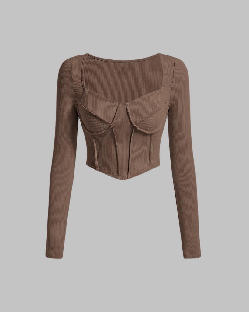 Pine Cone Brown Corset Style Long Sleeve Ribbed Top