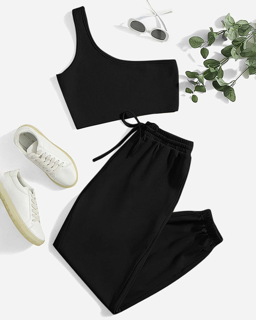 Aesthetic Easy wear one shoulder top and Jogger in Black