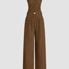Front Button Tube Top & Wide Leg Pant In Brown