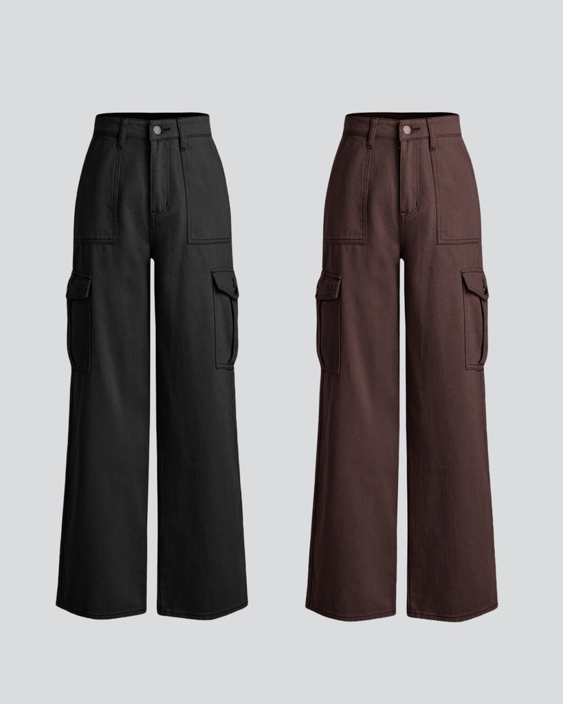 Combo : Utility Wear Double Pocket Cargo Pants In Black & In Dark Brown