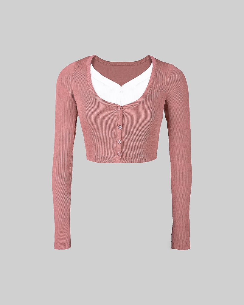 Pink White Long Sleeve Button Up Ribbed Top