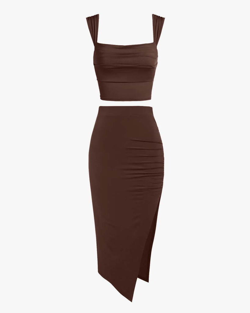 Crop Top With High Waisted Side Split Skirt In Brown