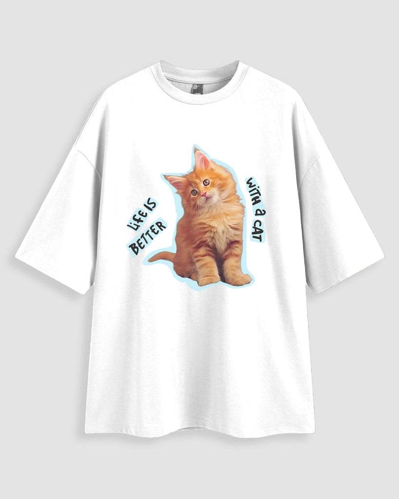 A white t - shirt with an orange cat on it.