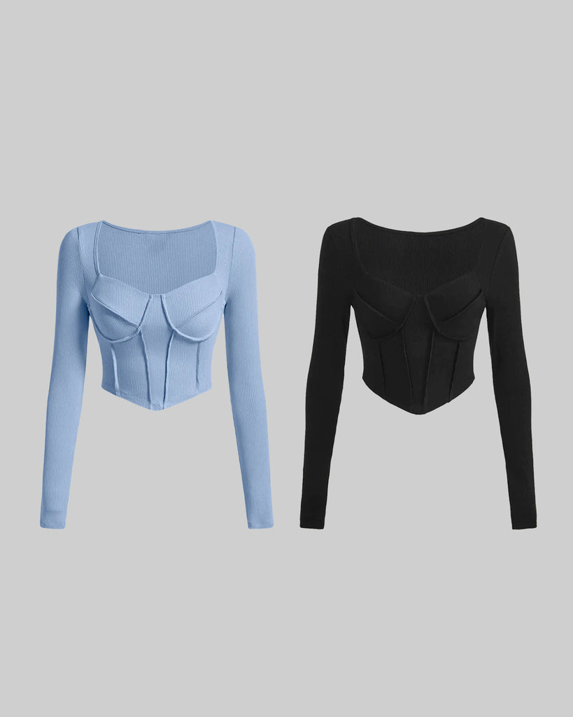 Combo of Blue and Black Corset Style Long Sleeve Ribbed Top