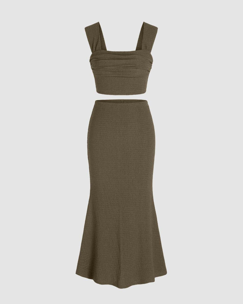 Two Piece Set Ruched Top And Skirt In Smoke Green