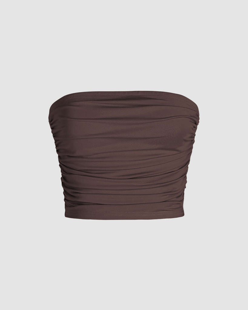 Solid Ruched Mesh Tube Top Cinnamon