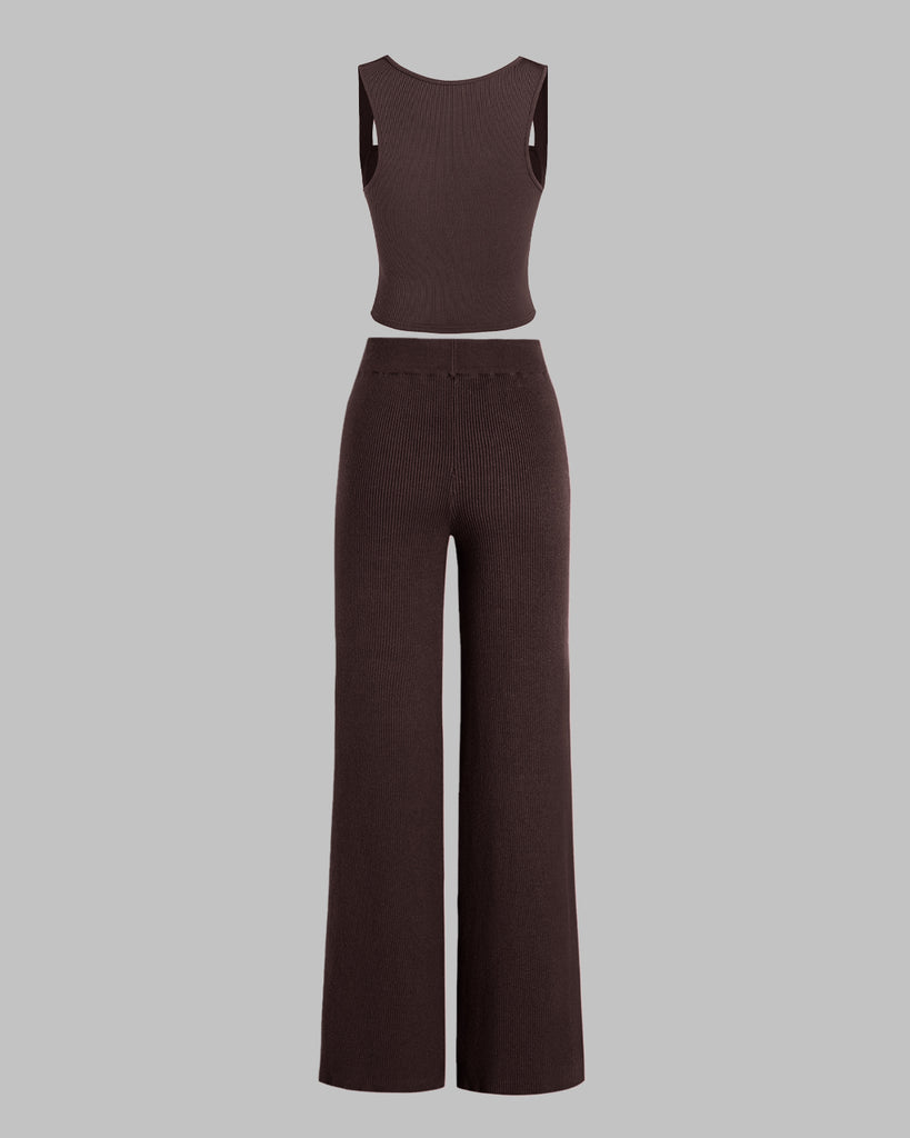 Ruched Square Neck Crop Top With Trouser In Dark Brown