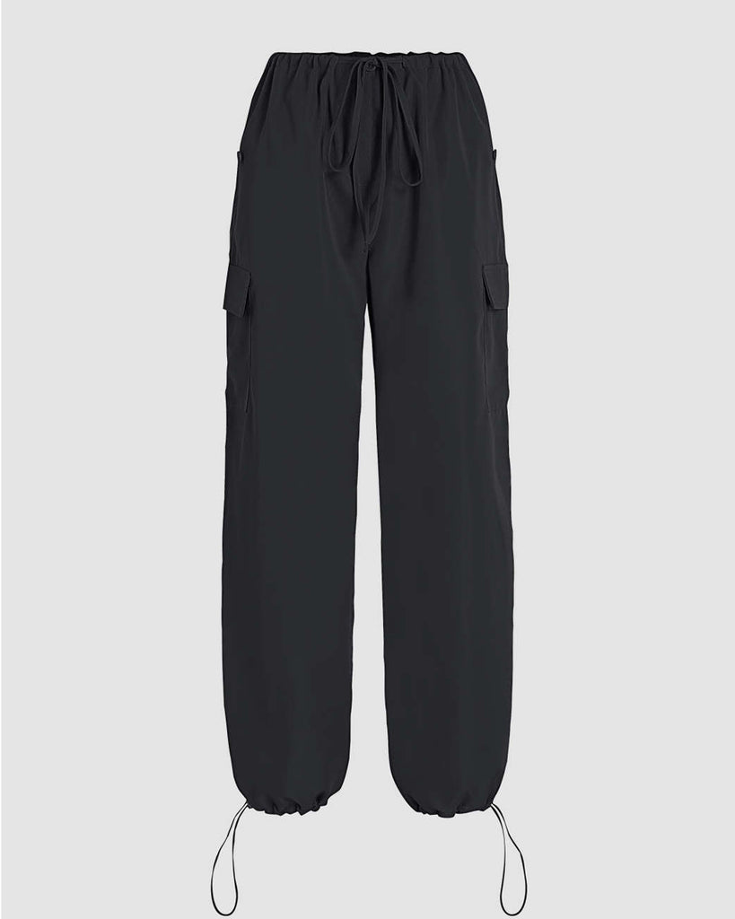 Korean Street Style Solid Low-Rise Parachute Cargo Pants In Black