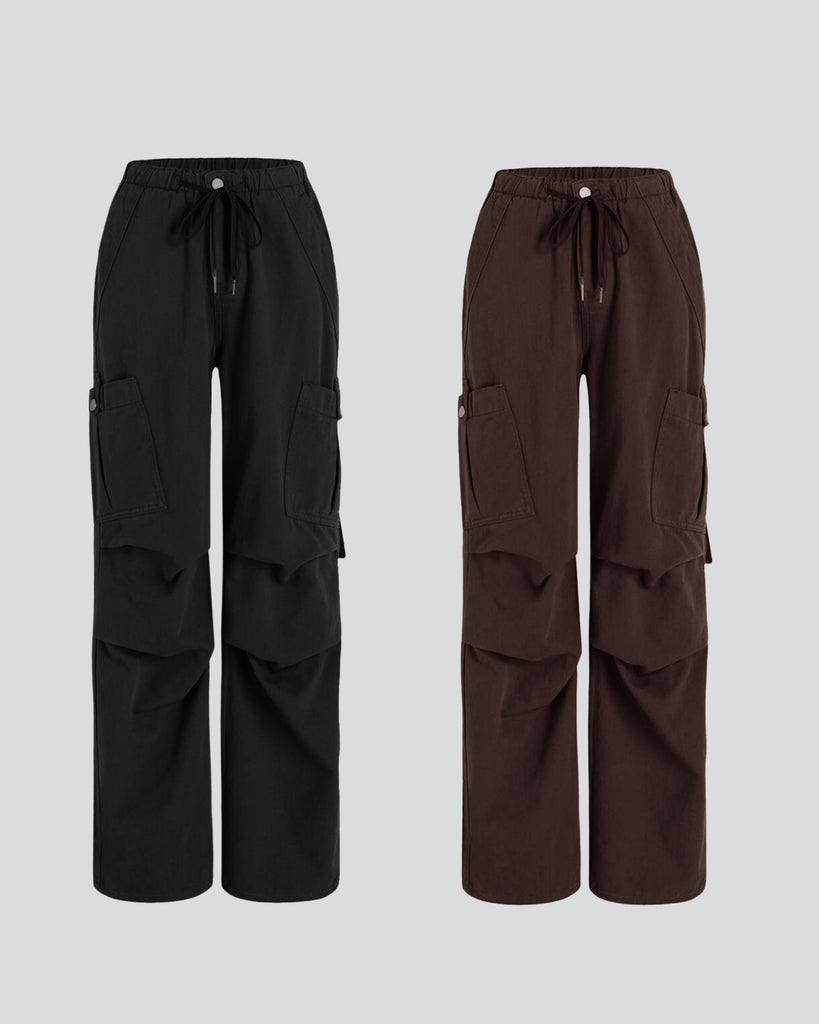 Combo : Utility Wear Drawstring Cargo Pants In Black & Dark Brown