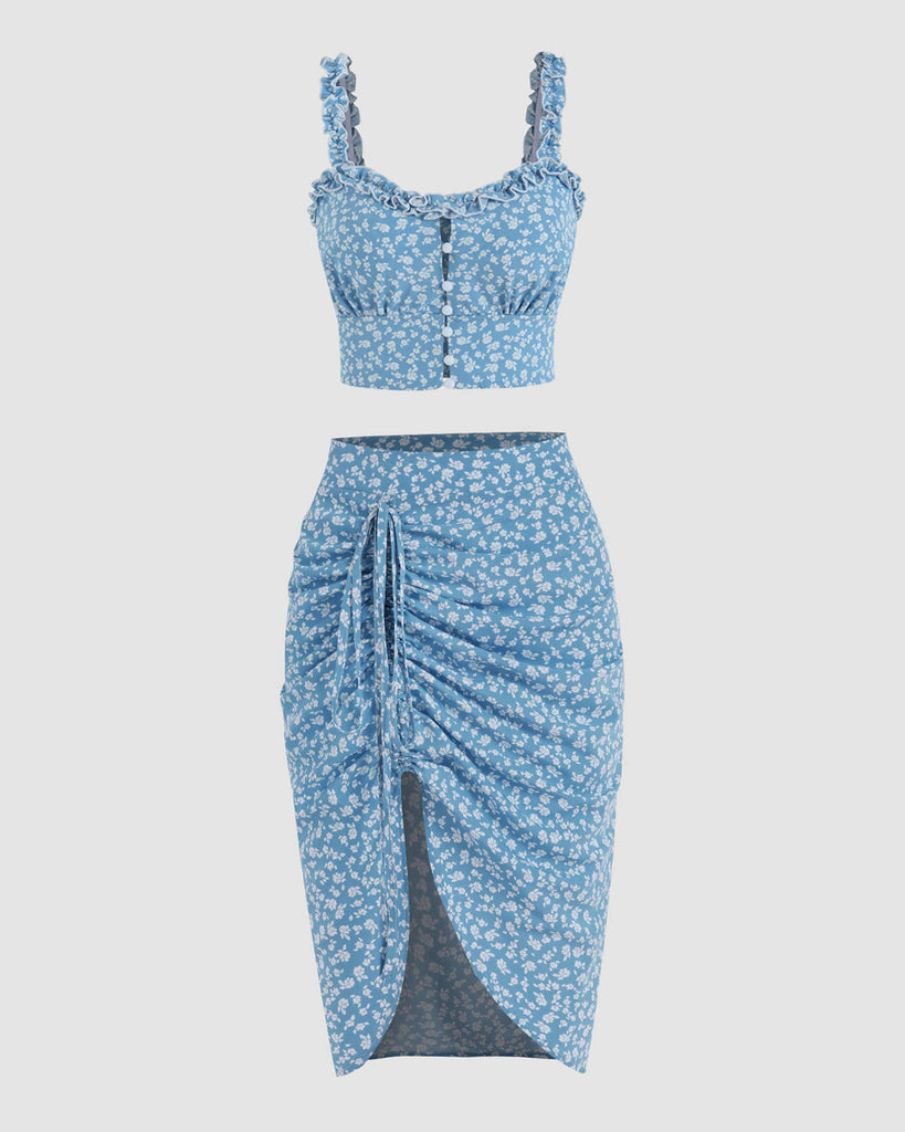 Co-ord set of Floral Ditsy Sleeveless Top and Skirt in Blue
