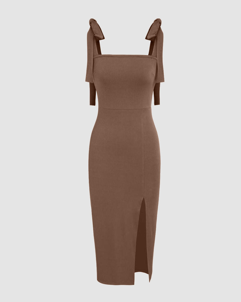 Casual Sleeveless Loungewear Slit Dress In Soft Brown