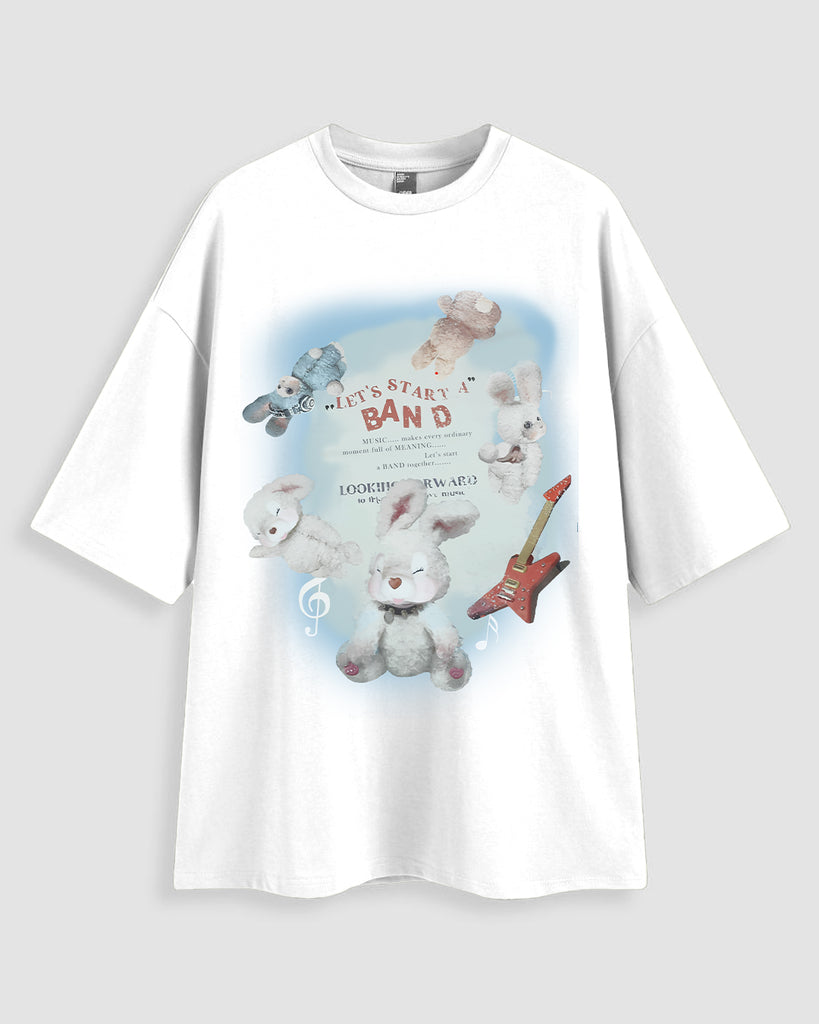 A White Oversized T-shirts with Bunny and Guitar
