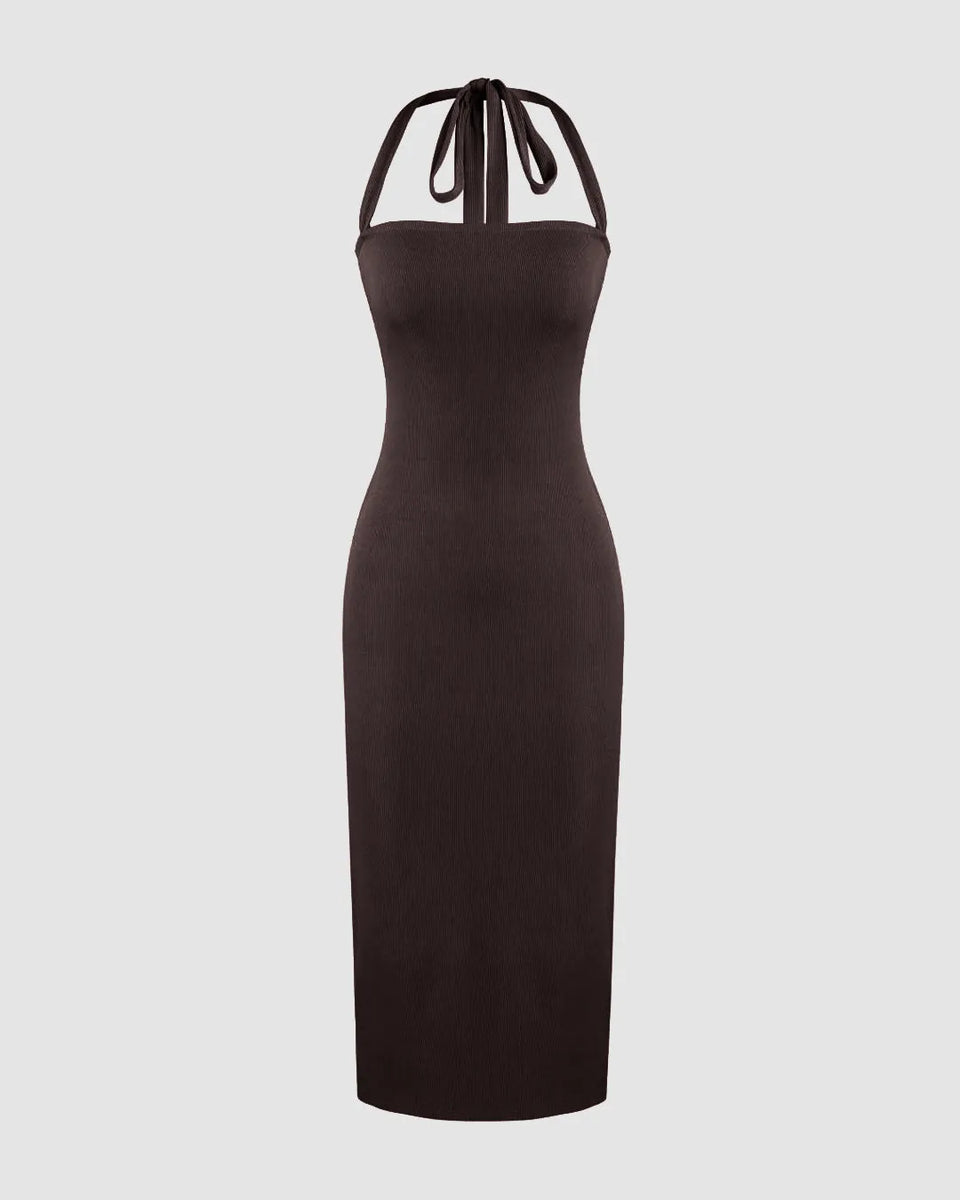 Halter Neck Backless Bodycon Dress In Dark Brown Littlebox India