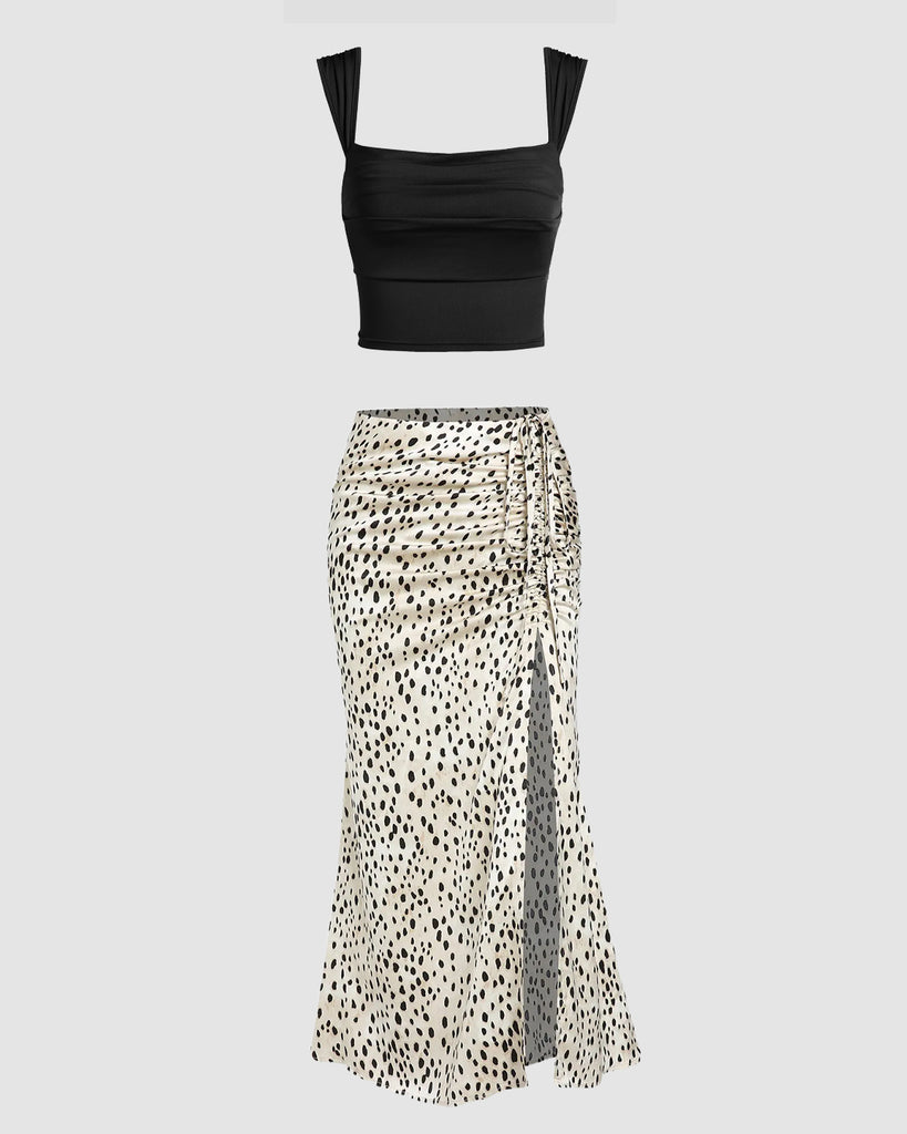Square Neck Straps Tank Black Top & Ruched High Slit Leopard Print Mermaid Midi Skirt