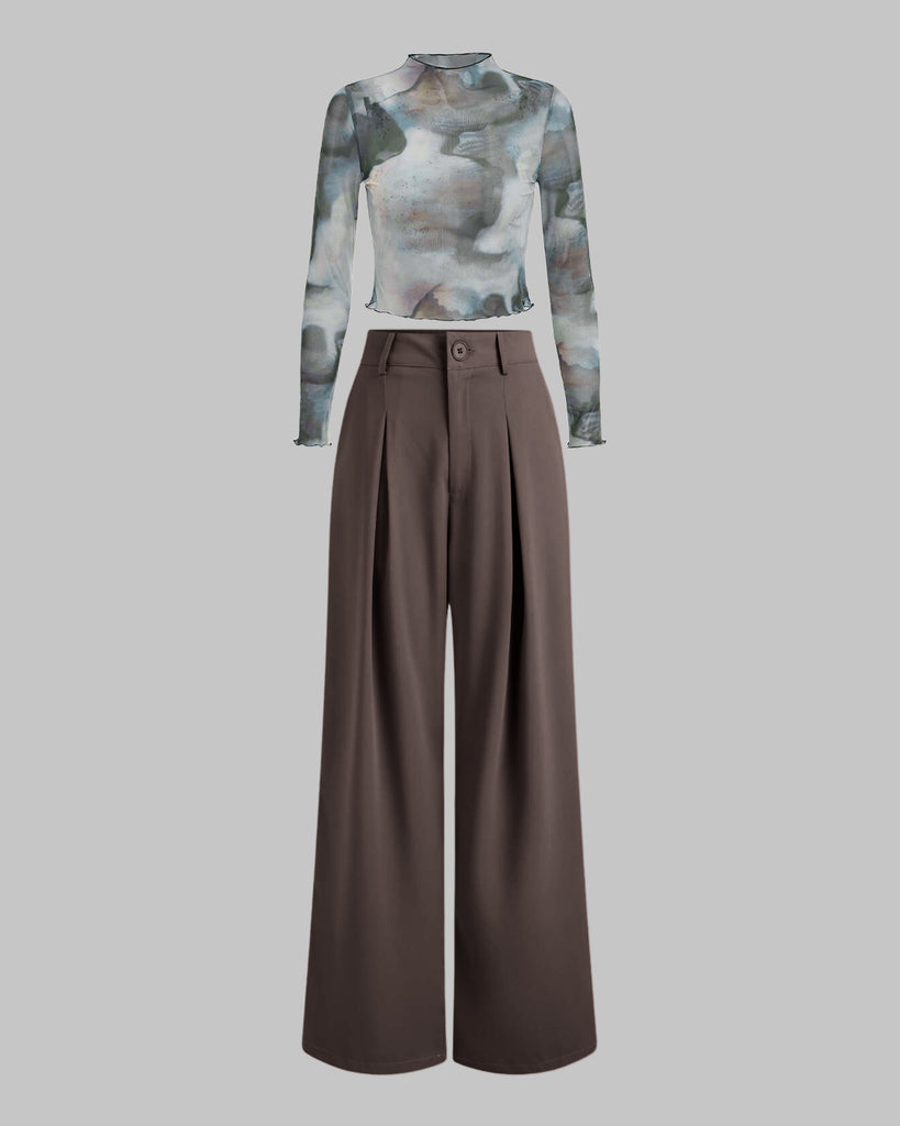 Set of Cloud Like Illusion Sheer Printed Full Sleeve Top with Korean Style Trouser