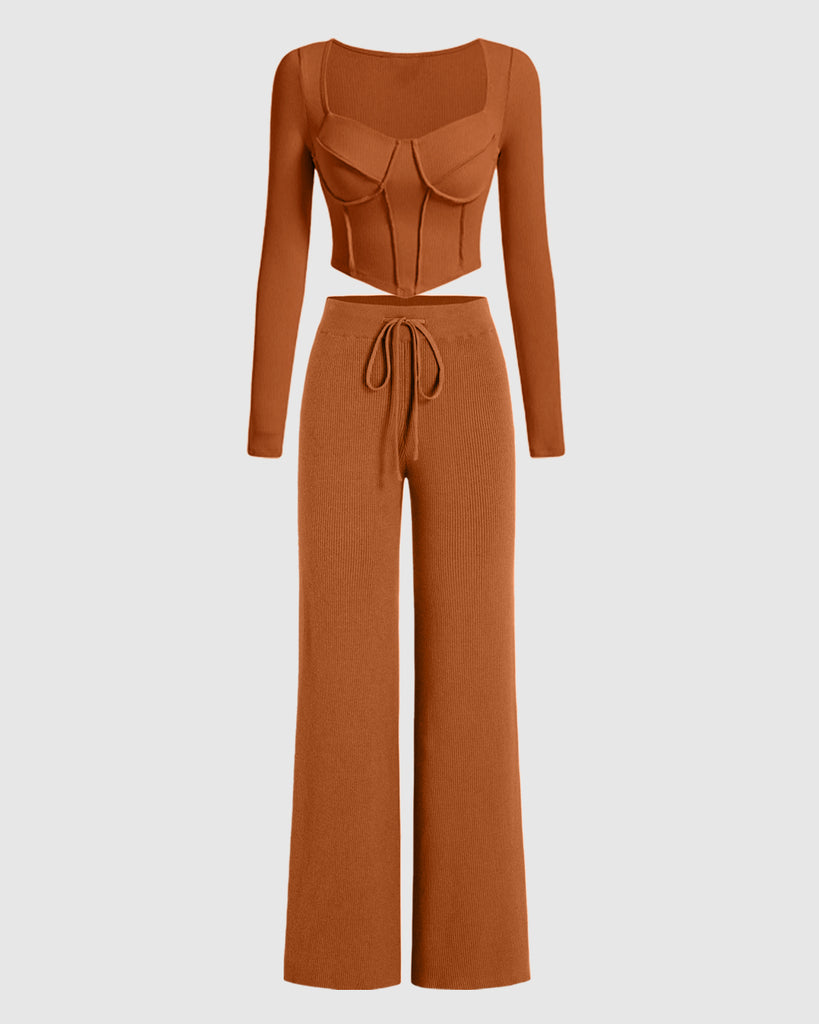 Matching Set of Ribbed Style Top and Trouser in Burnt Orange