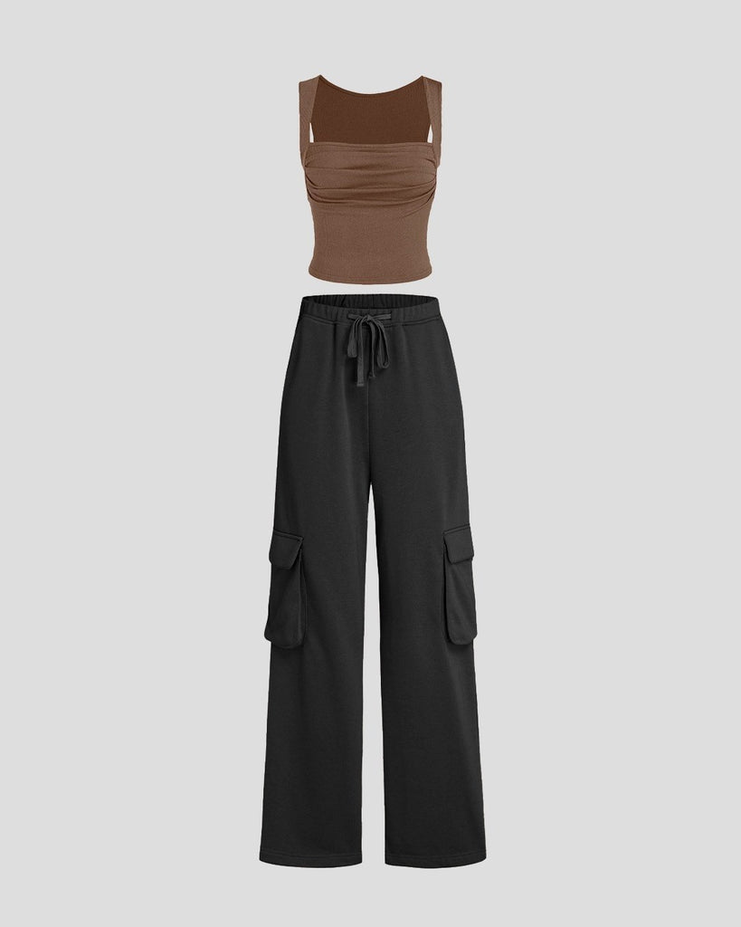 Set of Square Neck Crop Top with Aesthetics Trousers Black
