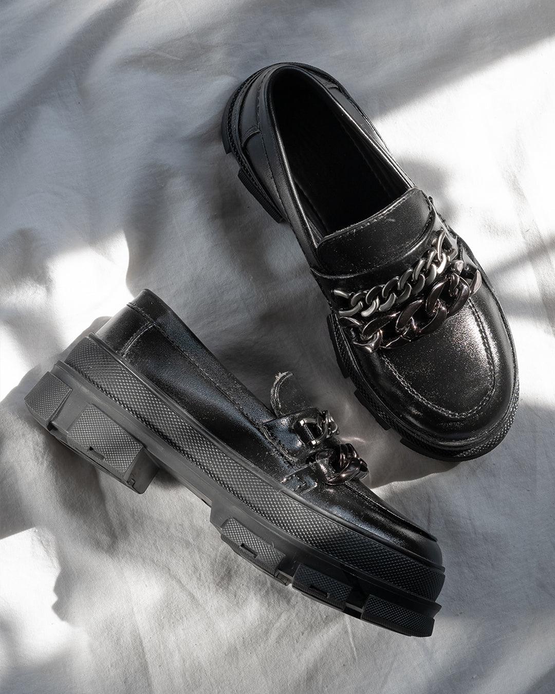 Back to School Black Platform Loafers with Chain - Littlebox India