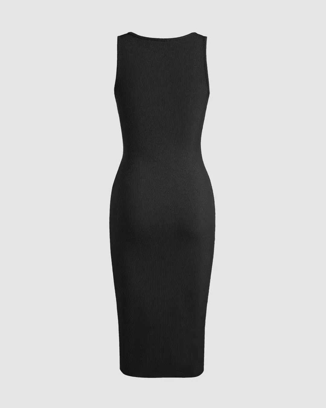 rib button drawstring midi dress Beige Ribbed Midi Dress - Button-Front Midi Dress - Bodycon Dress