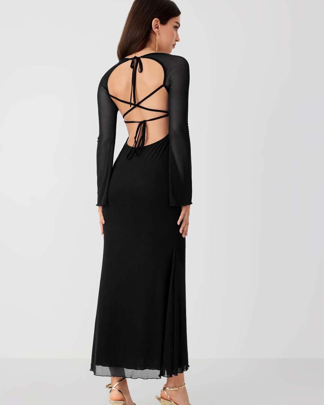 Black Long Sheer Lantern Sleeve Mermaid Maxi Evening Dress