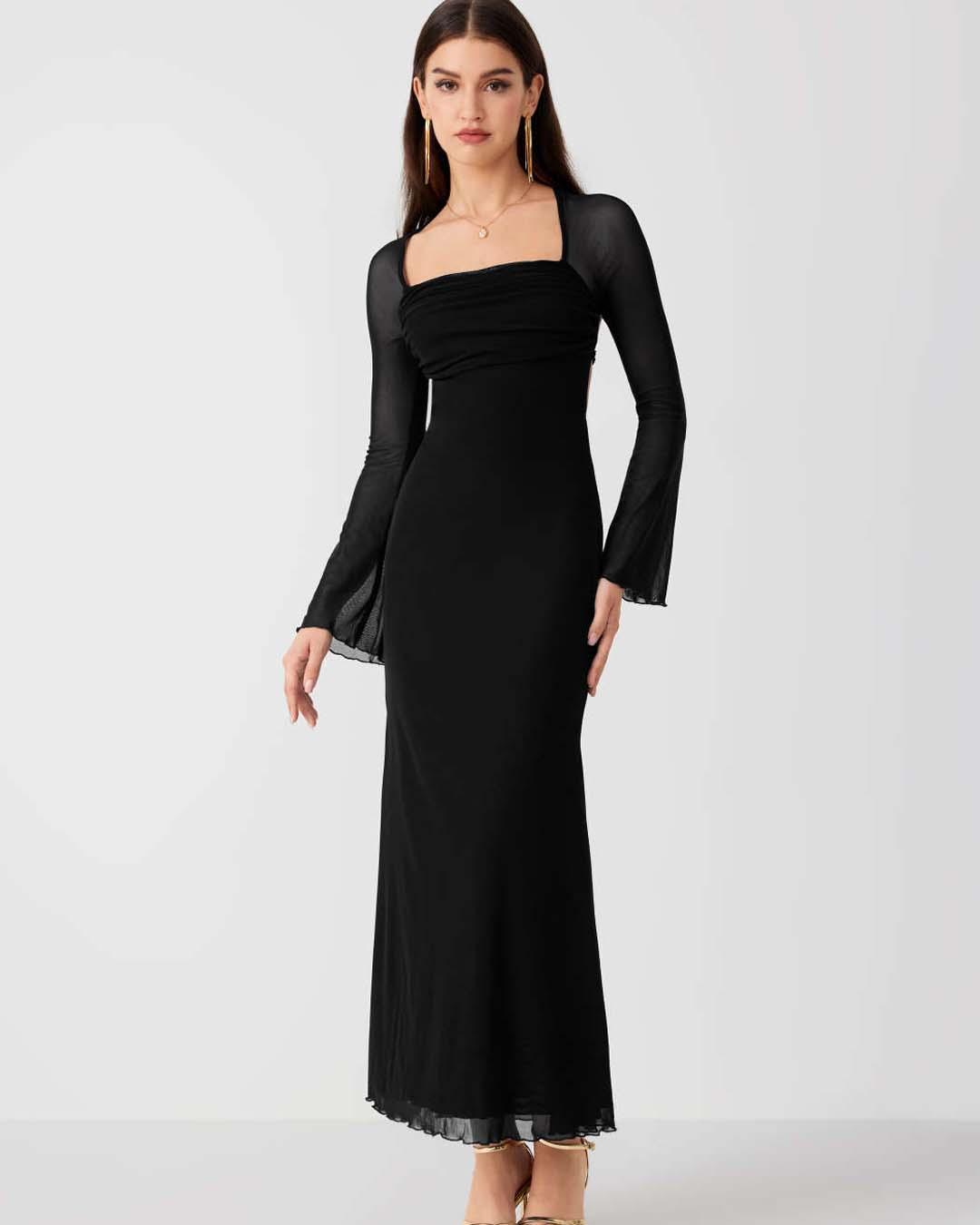 Black Long Sheer Lantern Sleeve Mermaid Maxi Evening Dress – Littlebox