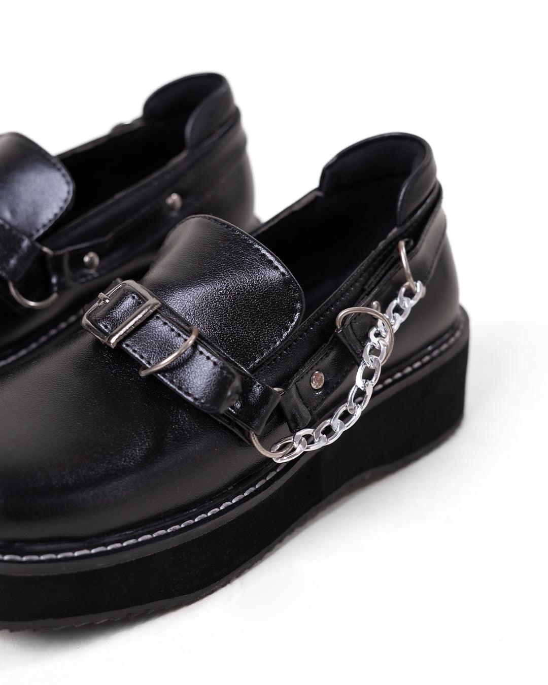 Black Platform Shoes with Buckle and Chain Detail - Littlebox India