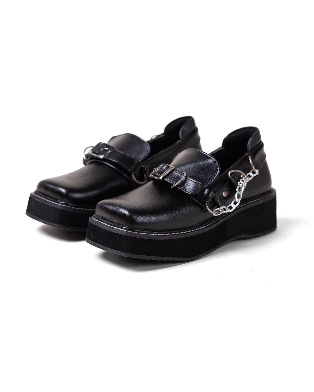 Black Platform Shoes with Buckle and Chain Detail - Littlebox India