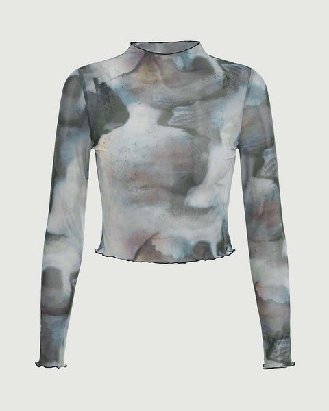 Cloud Like Illusion Sheer Printed Full Sleeve Top