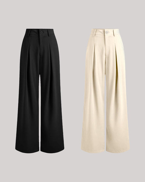 Front view of Combo of black and off-white Korean style baggy trousers with wide legs, pleated front, and relaxed fit.